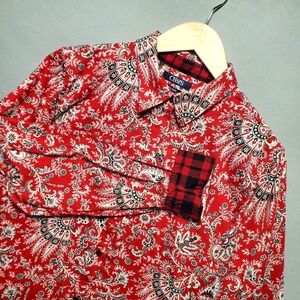 Chaps Paisley No Iron 100% Cotton Button Up Shirt Womens XL Red Plaid Cuff Boho
